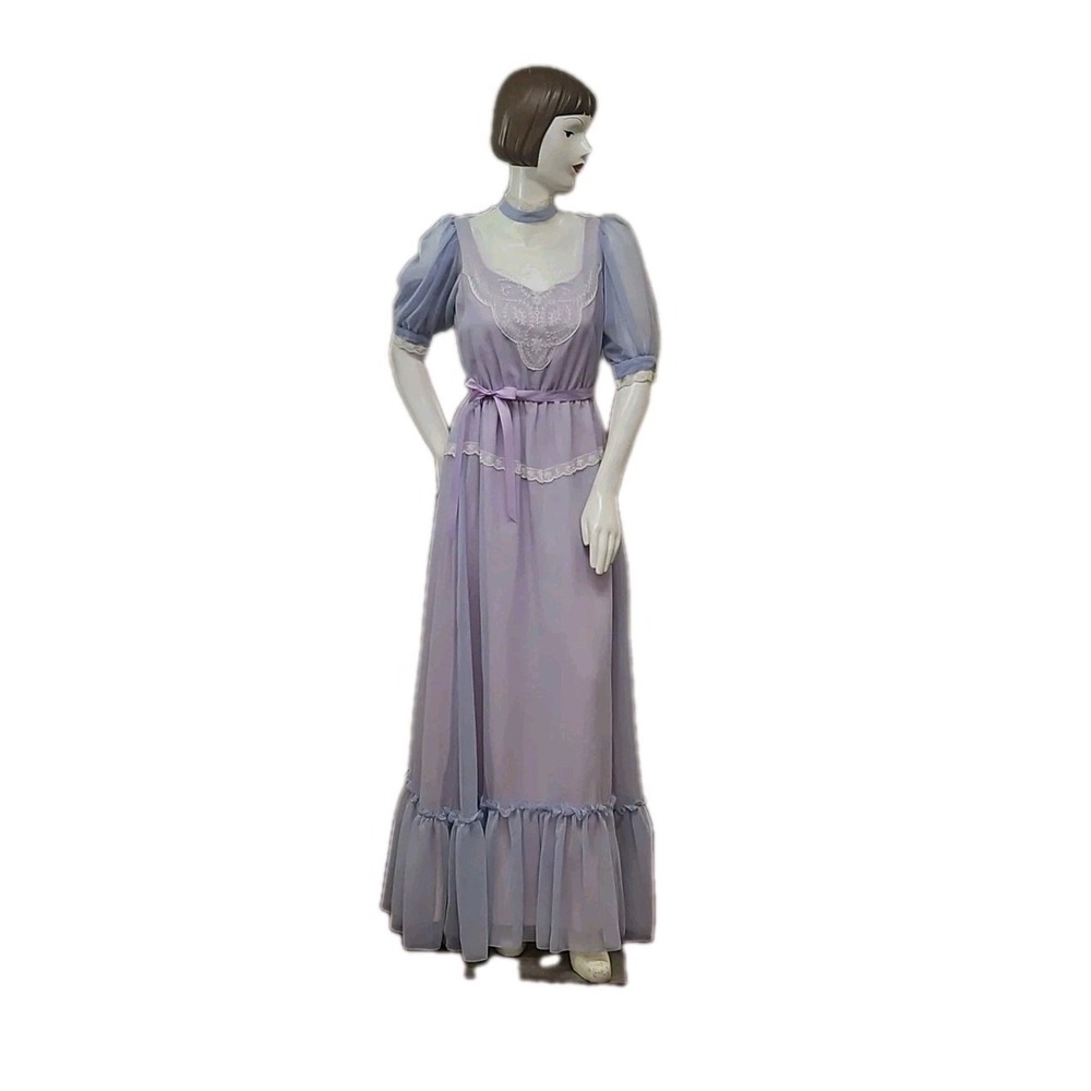 Vtg 1970s Lavender Maxi Dress Victorian Peasant Boho Prairie‎ style
